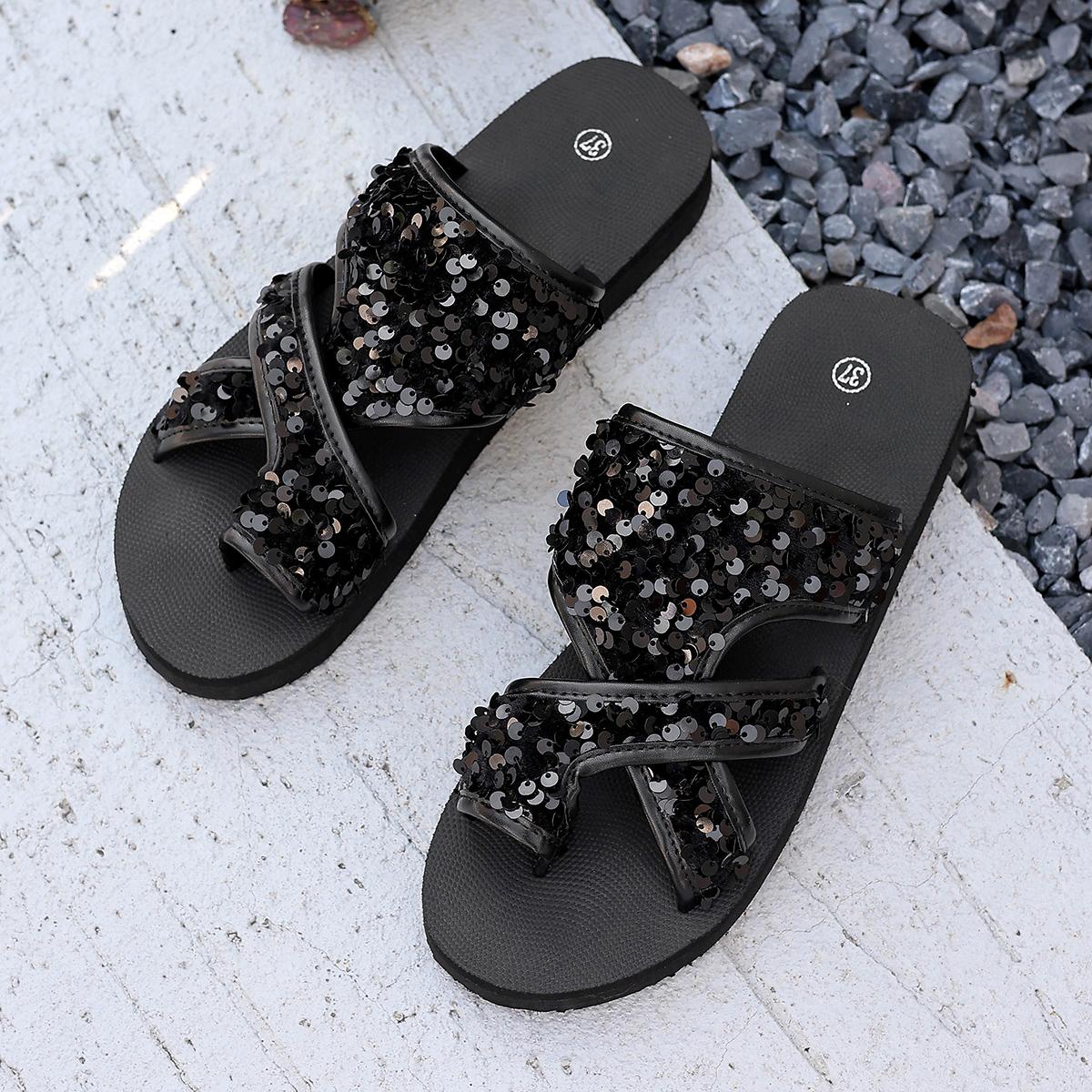 

Модные женские шлепанцы, повседневные шлепанцы с пайетками, нескользящие тапочки, женские сандалии на платформе, пляжные шлепанцы с открытым носком, лето 2024, новые слайды для женщин 36 чёрный