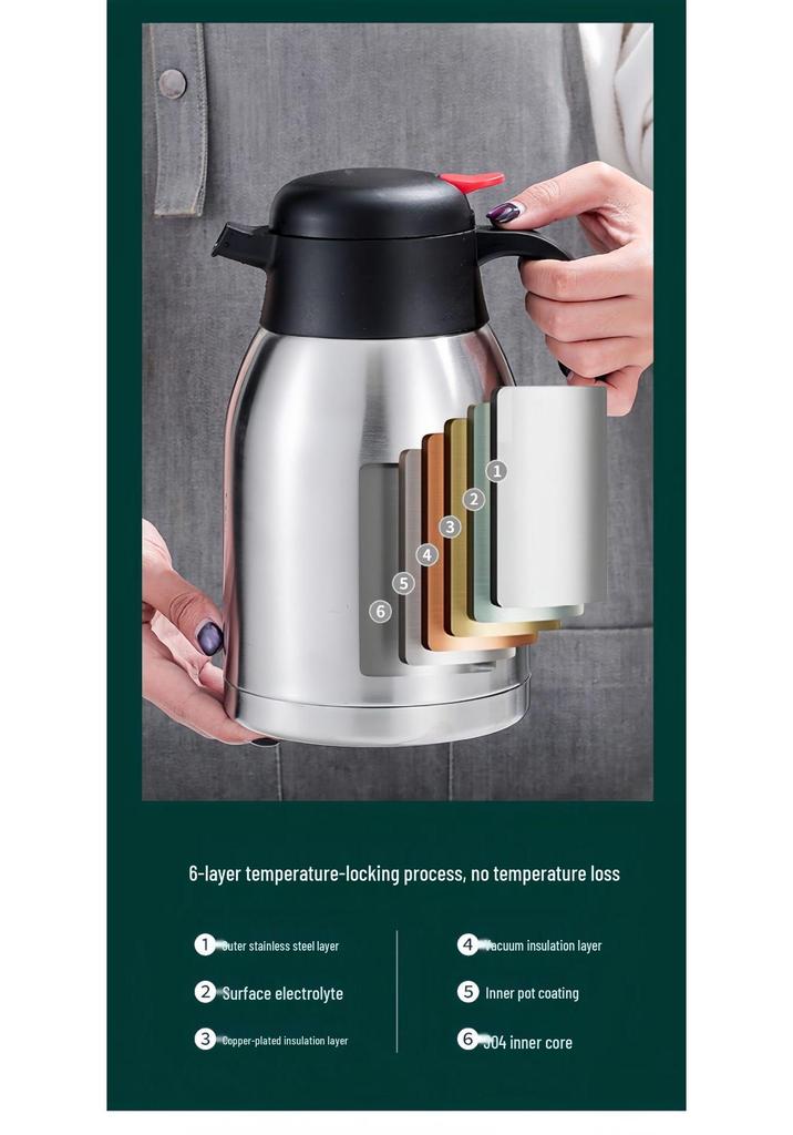 European Style 2L Stainless Steel Thermos Flask - Double-layer Vacuum Insulated Coffee Pot, Household Hot Water Bottle with Custom Logo.