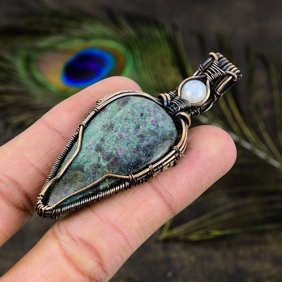 Ruby in Fuchsite, Moonstone Gemstone Copper Wire Wrap Jewelry Pendant 2.96" N2l65
