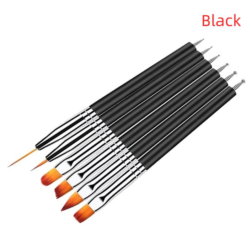 6Pcs Dual-Ended Nail Art Brush Set Black Handle Multi-Type Tips For Liner Uv Gel Painting Carving Manicure Tools Professional