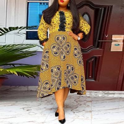 Women Large Size Printed Lace Round Neck Long Sleeve Dresses