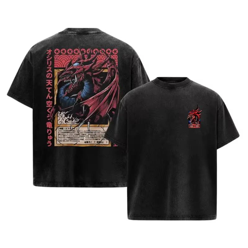 Unisex Washed Short‑sleeve T‑shirt with Red‑Eyes Black Dragon Print from Yu‑Gi‑Oh! Anime Game, Harajuku‑style Apparel