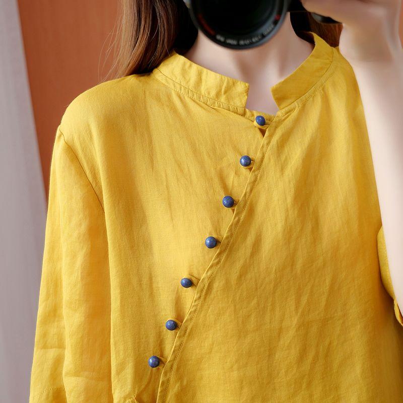 

Ethnic-style Diagonal Buttoned Lace-up Top Artistic Retro Chinese Mid-sleeve Irregular Shirt Onesize жовтий