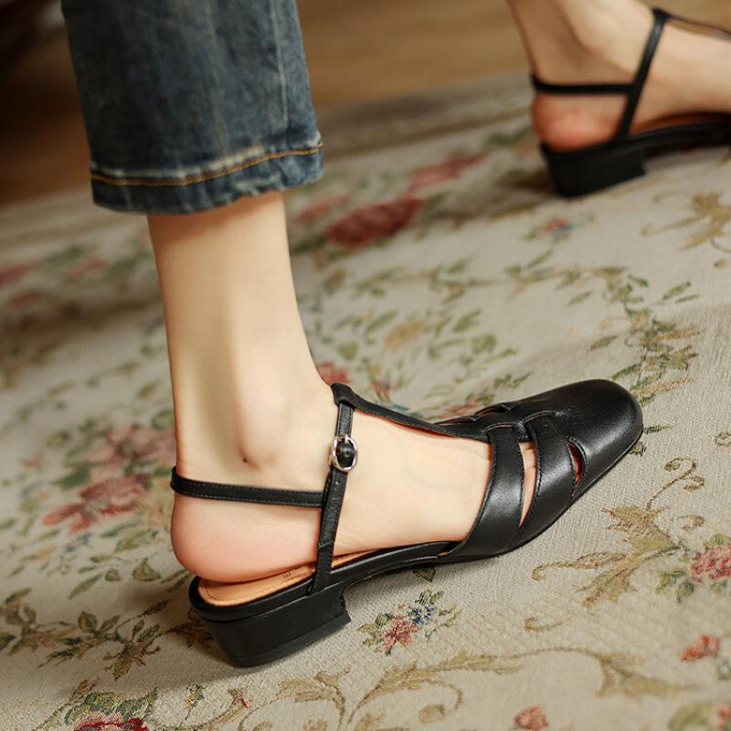 

Summer women s bag head sandals genuine leather Korean version beef tendon soft sole comfortable and soft rear empty sandals new flat sandals 40