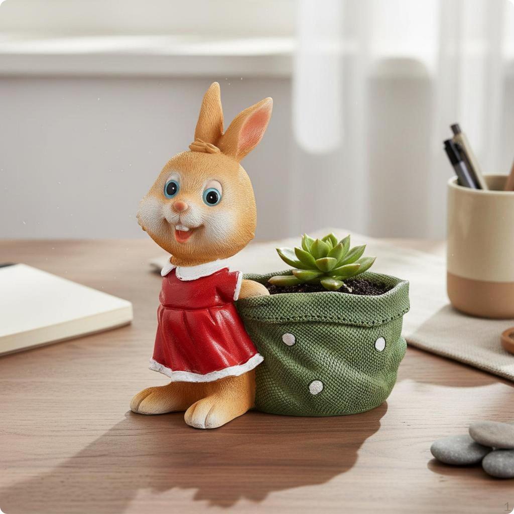 Resin Hare Flowerpot Charming Pot Cartoon Statue Planter for Tabletop Yellow Basket Rabbit