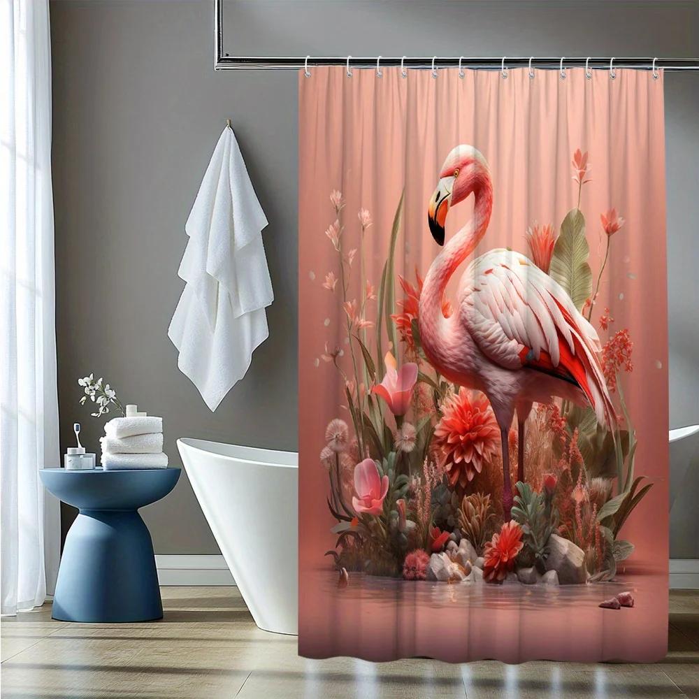1Pc Elegant Flamingo Animal Print Shower Curtain Bathtub Partition Hanging Fabric With Floral Pattern, Polyester Material,