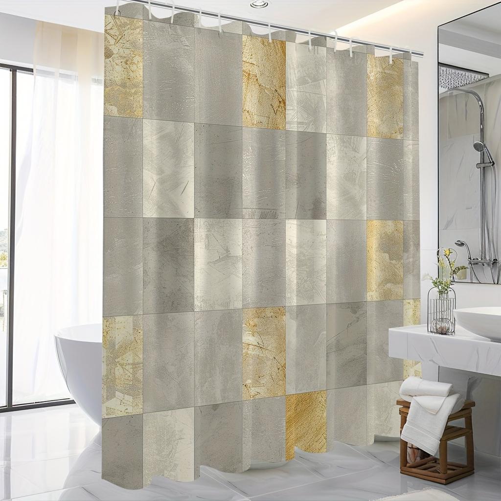 Modern Geometric Marble Print Shower Curtain with Polyester Bathroom Decor, Grey and Golden Mosaic Design, Machine Washable