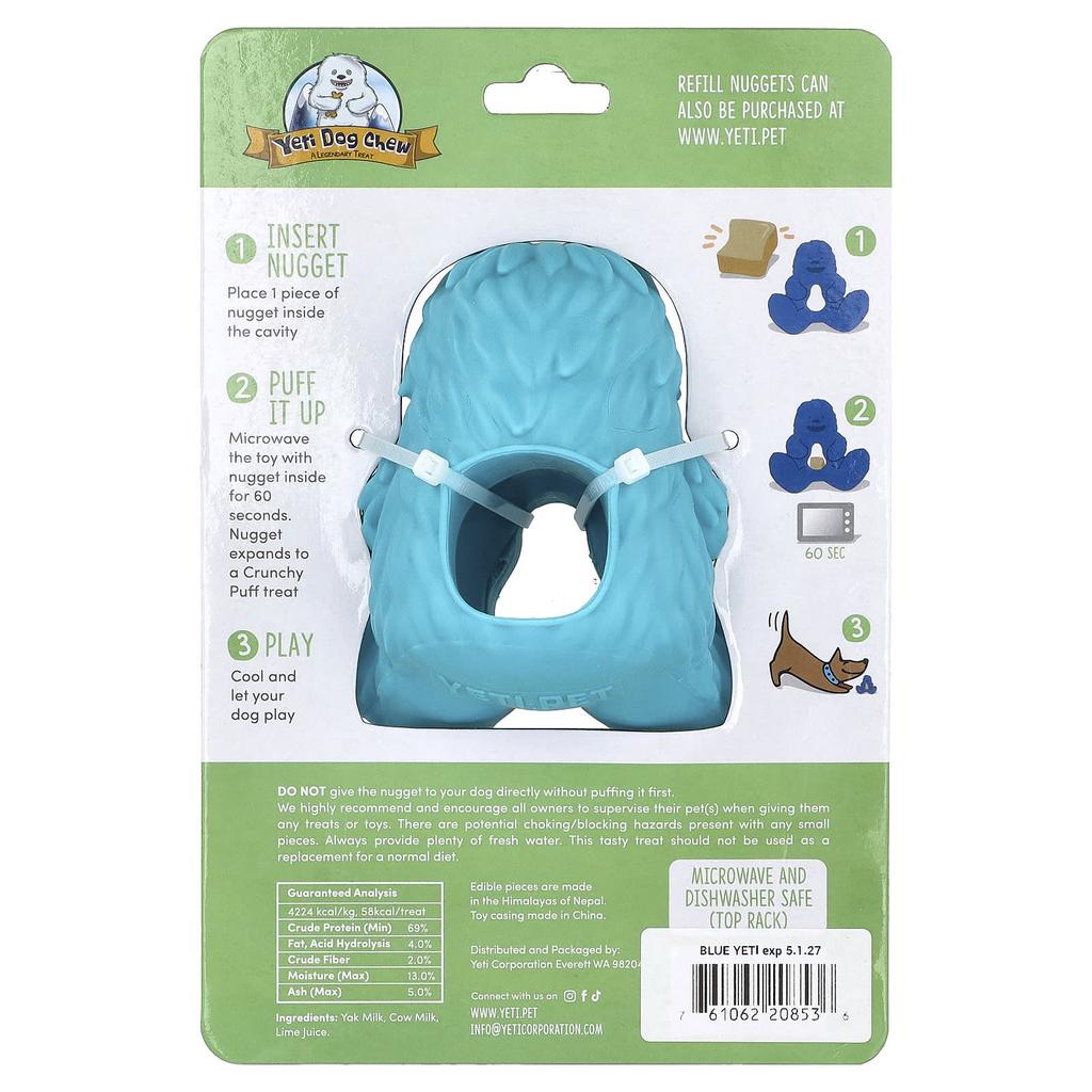 Yeti Dog Chew, Puff & Play, Treat Dispenser, Yeti Dog Chew Nuggets, Blue, 4 Nuggets, 1 Dispenser