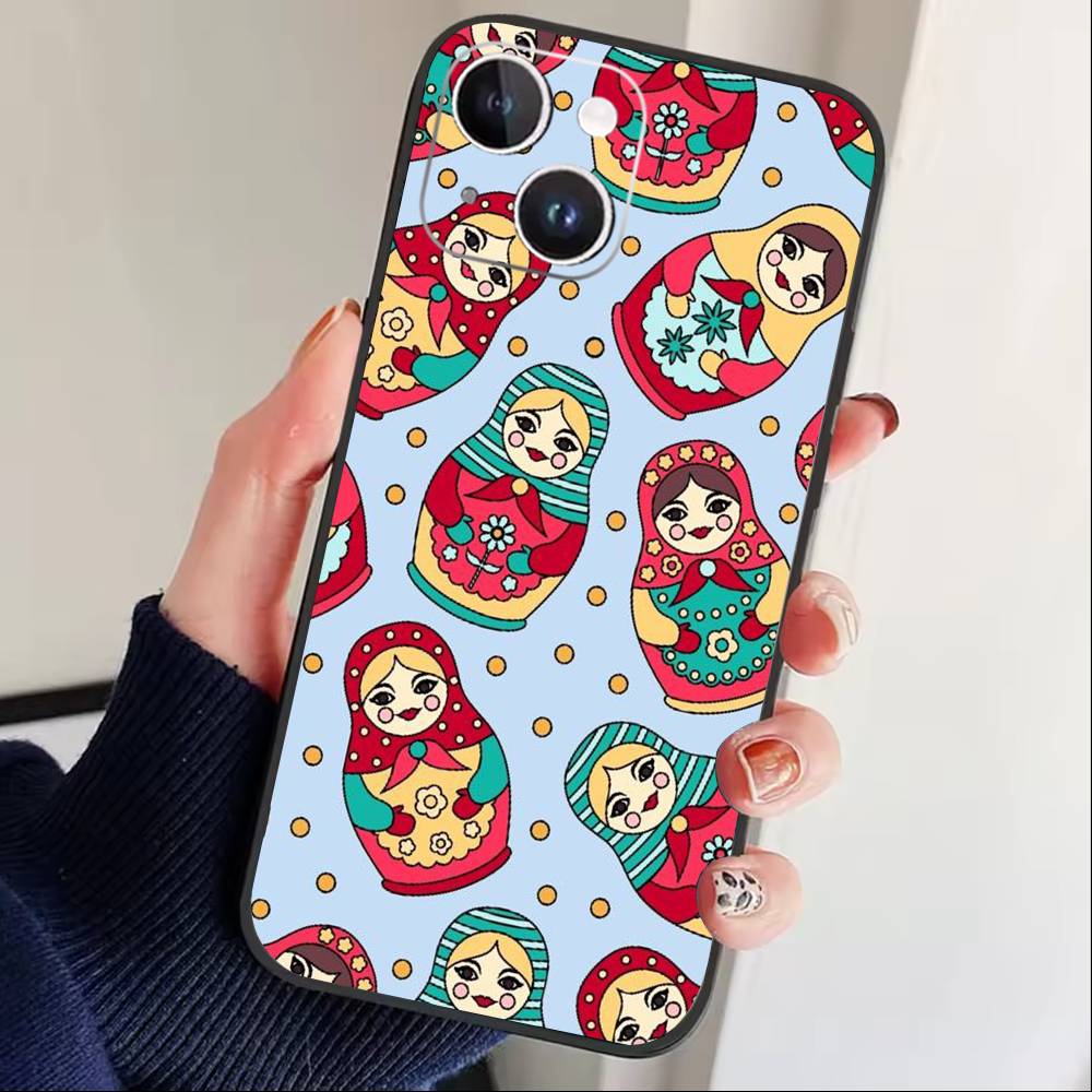 

D-Russian Dolls Matryoshka Phone Case For iPhone 17 16 15 14 13 12 Max Plus Silicone Black Cover iPhone12PROMAX
