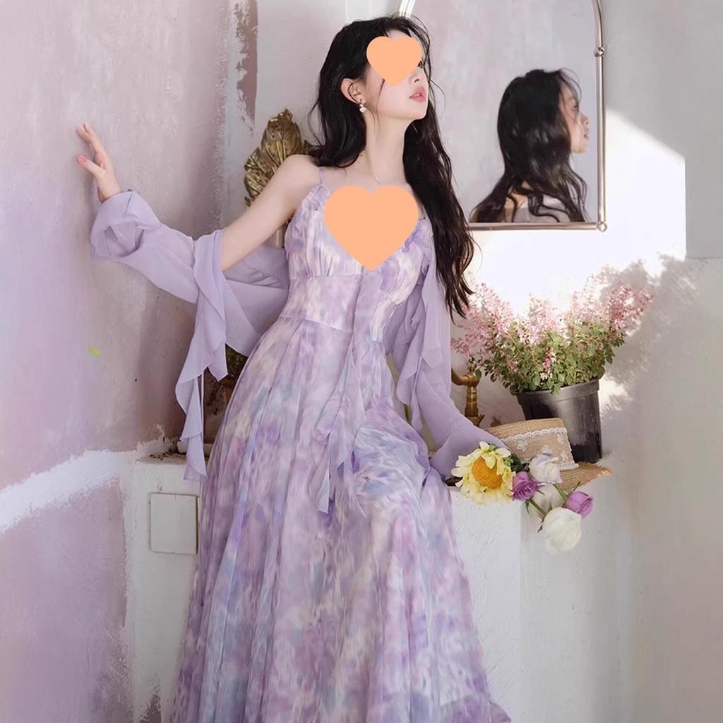 Elegant Purple Suspender Dress & Sun Protection Cardigan Set