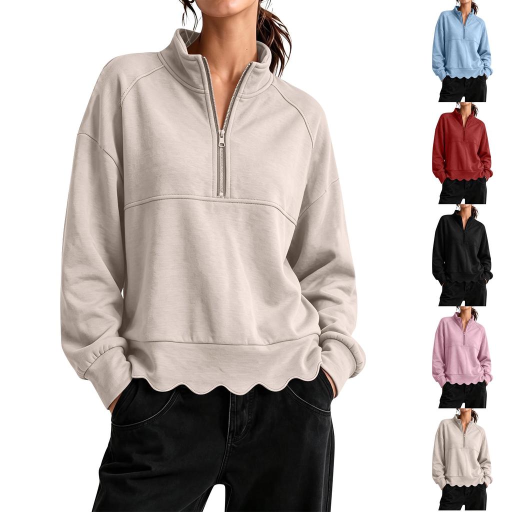 Women's Scalloped Wavy Hem Crewneck Sweatshirt Loose Fit Color Drop Shoulder Long Sleeve Pullover Top for Casual Wear