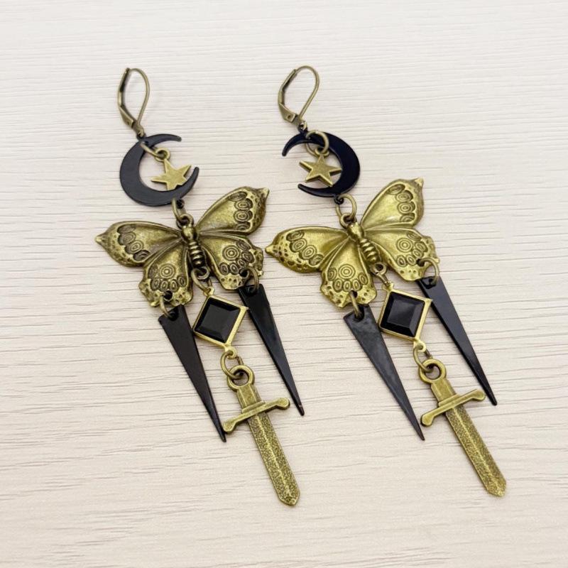 Retro Gothic Star Moon Butterfly Sword Tassel Earrings