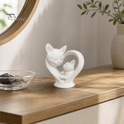 Cute Cat Home Decoration Mother Baby Figurine, 3D Printed Heart Sculpture for Desk Decor, Smooth Surface Statue Modern Art Living Room Study,
