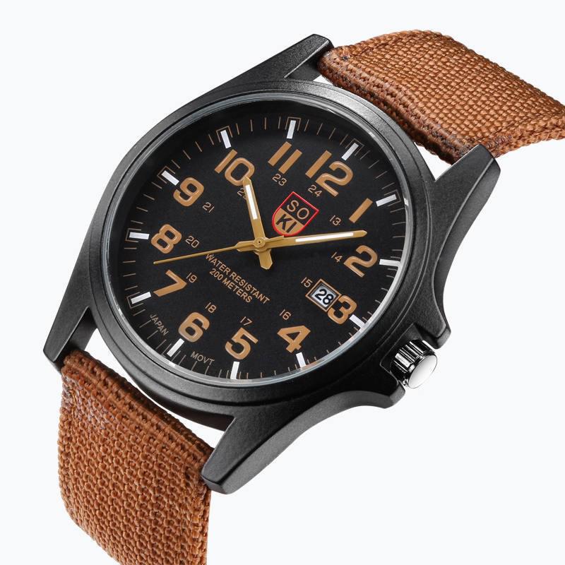 SOKI Men's Swiss Fashion Military Watch with Woven Nylon Strap, Calendar, and Quartz Movement