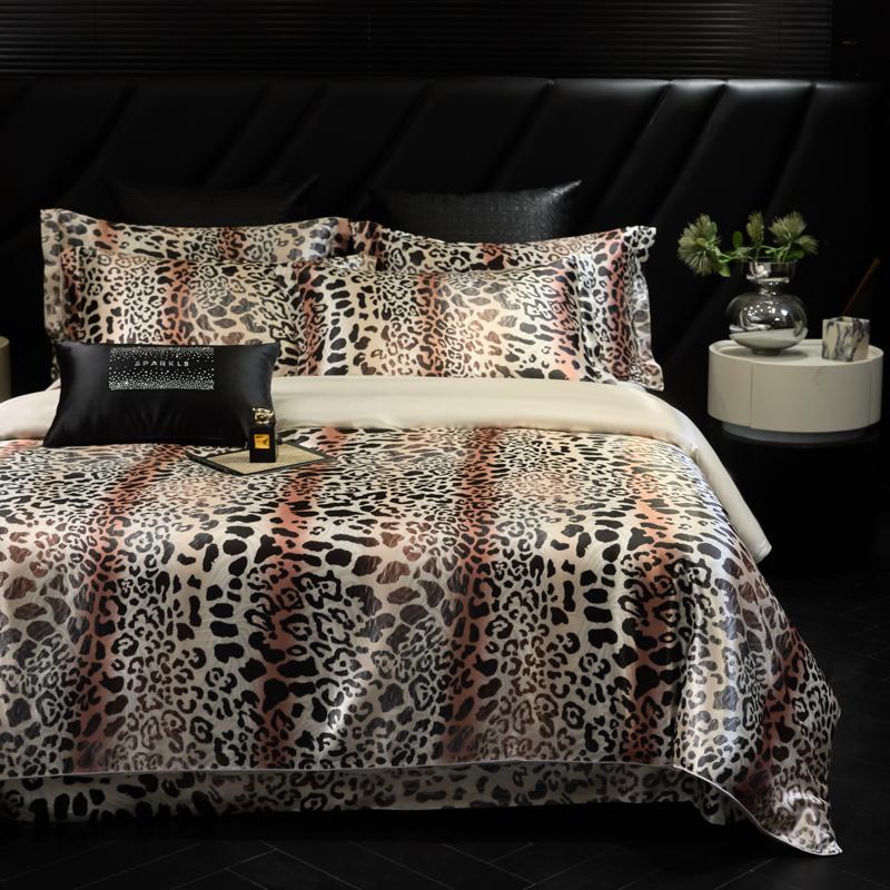 Luxury High-end Silk Leopard Print Bedding Set Soft Silk Satin Queen King Duvet Cover Sheet or Fitted Sheet Combination Set Gift