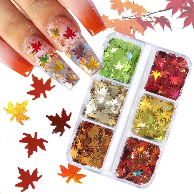 6 Grid Boxed Laser Color Nail Sequins Leaves 2021 Fall Christmas Thanksgiving