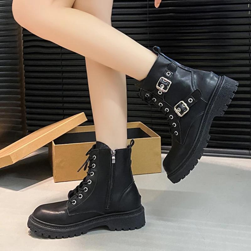 Boots New Round Toe Thick Heel British Style Handsome Boots British Style Metal Buckle Knight Boots For Women