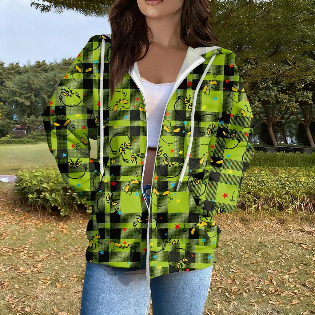 Women's Casual Fashion Long Sleeve Zipper Printed Hooded Sweatshirt