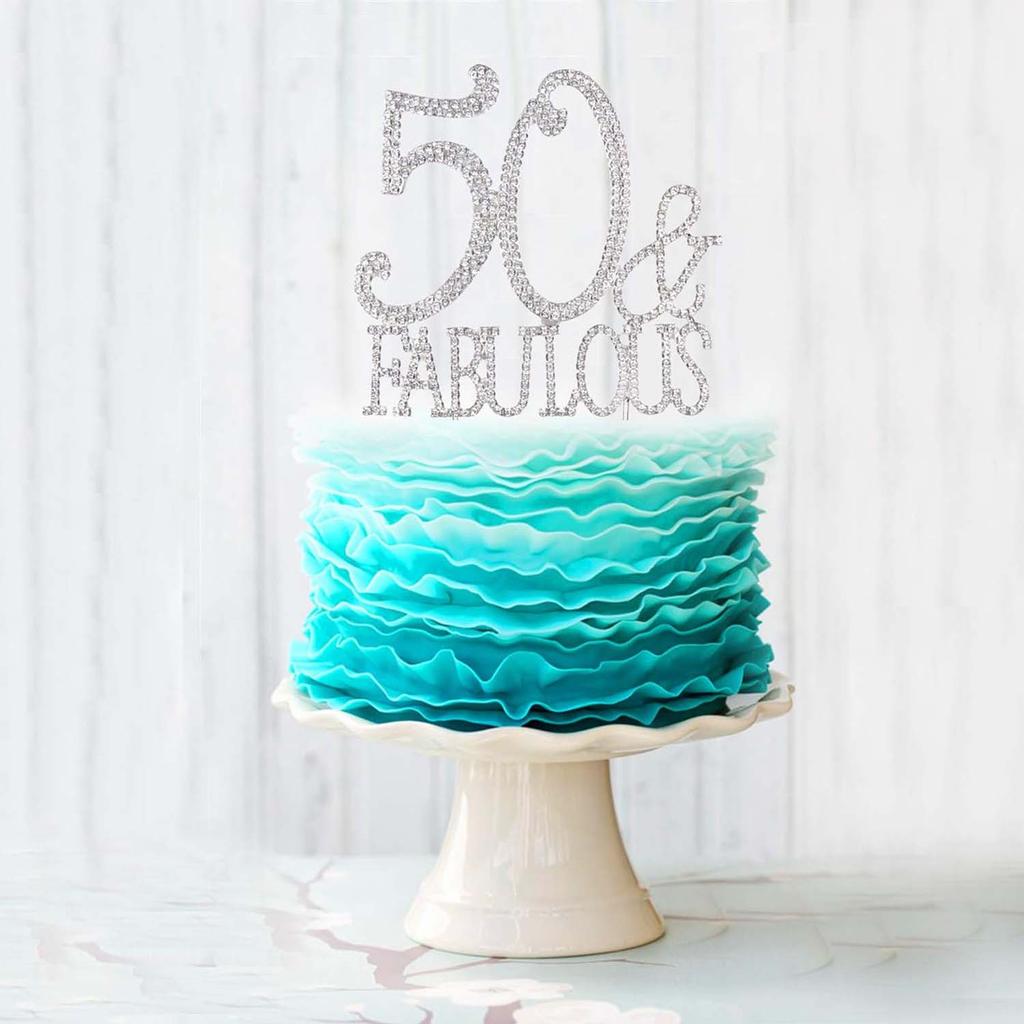 50 Cake Topper Premium Silver Metal 50 and Fabulous  50th Birthday Party Sparkly Rhinestone Decoration Makes a Great Centerpiece