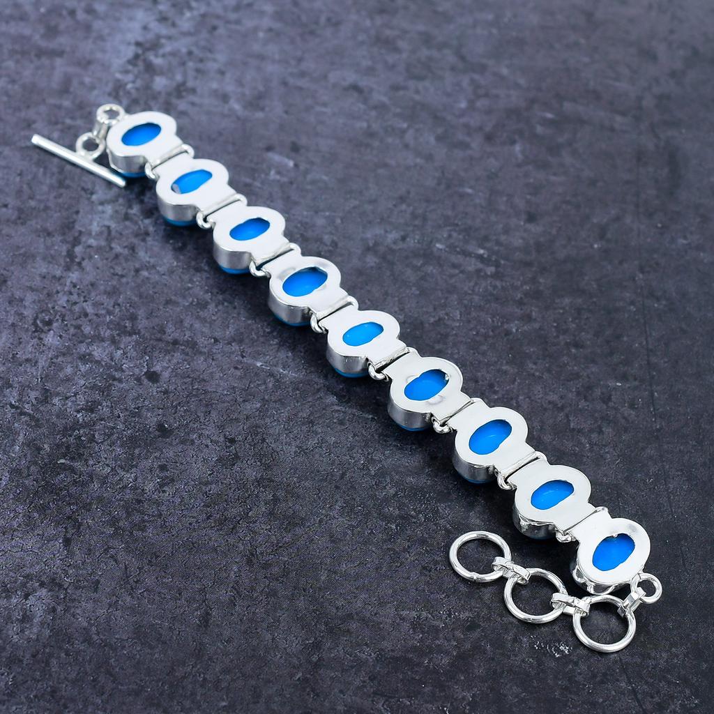 Natural Turquoise Gemstone Handmade 925 Sterling Silver Bracelet 7-8" W8z33