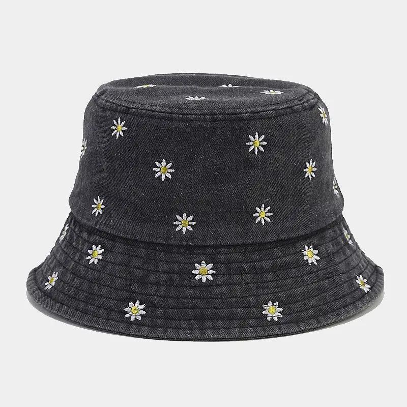 Daisy Embroidered Denim Fisherman Hats Spring and Summer Versatile Basin Hat Outdoor Travel Sun Caps Women Hat
