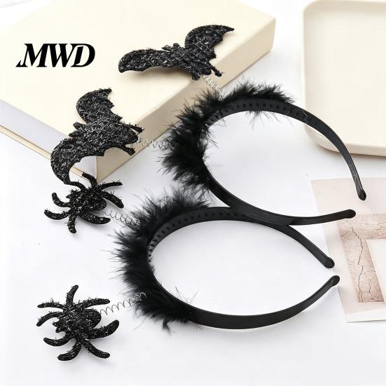 Velvet Decorative Hair Band Halloween Headbands, Black Spider Bat Headband, Glitter Fluffy Hoop Spooky Headpiece for Party Women, Teens, Cosplay,