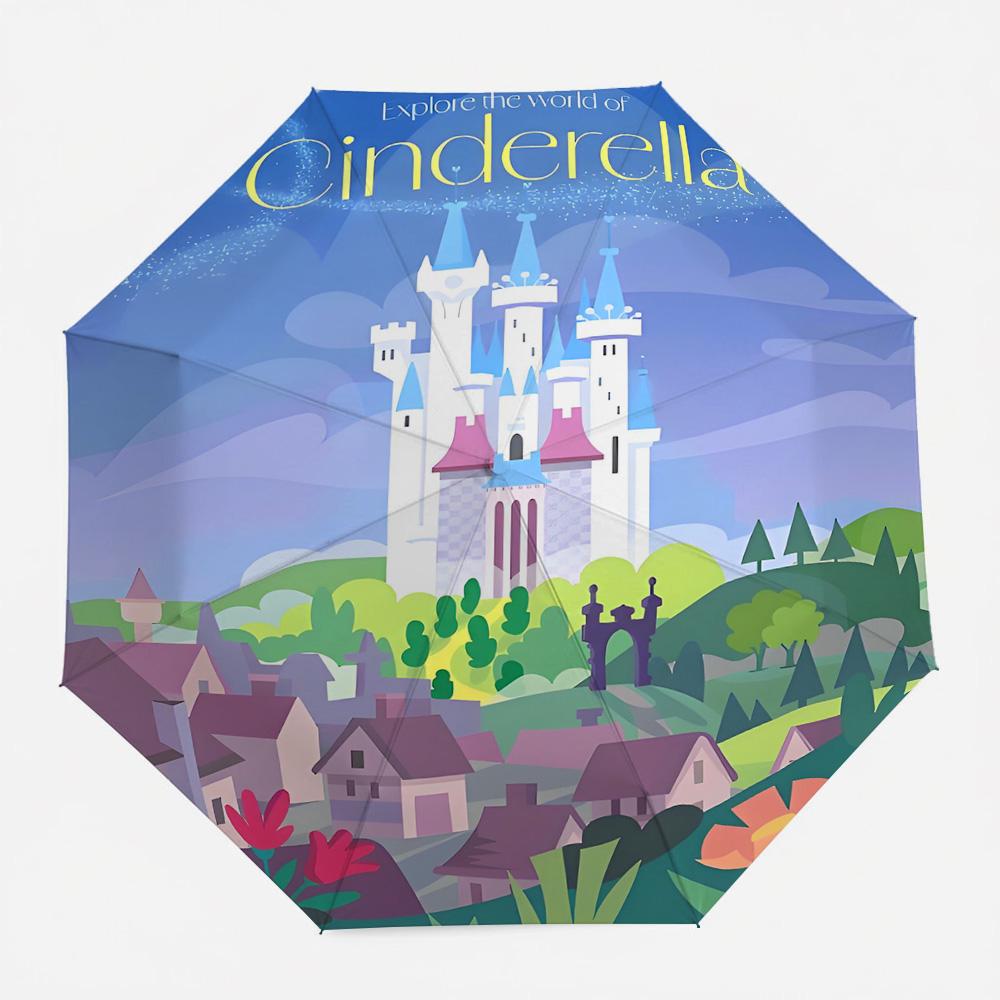 

Disney Cinderella Magical Castle Explore the World of Cinderella Art Print Automatic Folding Umbrella, Blue Fairytale Waterpro (as the picture,Iron&8K)