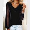 New Women's Solid V-Neck Mesh Long Sleeve T-Shirt with Rhinestones