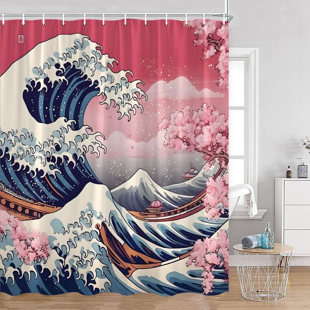 

Japanese Style Shower Curtains Fuji Mount Great Waves Bamboo Red Sun Bathroom Curtain Japan Fabric Home Decorations For Bathtub W60H190(CM)-1 Pcs