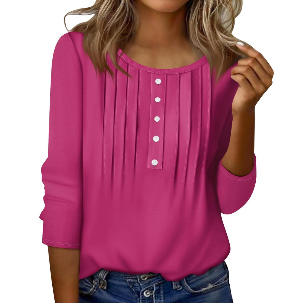 Damen Rundhals Pulli Streifen Zierknopf Top Lässig Einfarbig 3/4 Ärmel T-Shirt