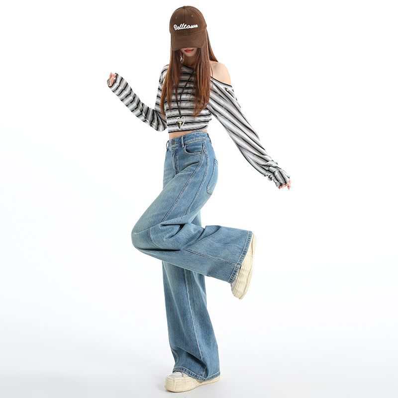 Spring Summer Patchwork Vintage Blue Denim Blue Saber Cut Wide Leg Denim Pants For Ladies Casual Pants Oversize Denim Trousers