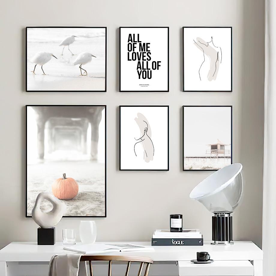 Weißer Strand Kürbis Vogel Blume Blätter Wand Kunst Leinwand Malerei Nordic Poster und Drucke Wand Bilder für Wohnzimmer Dekor