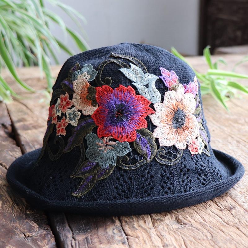 Vår og sommer etnisk vind broderi blomst sammenleggbar hatt dame strikkelue sandbøttehatt