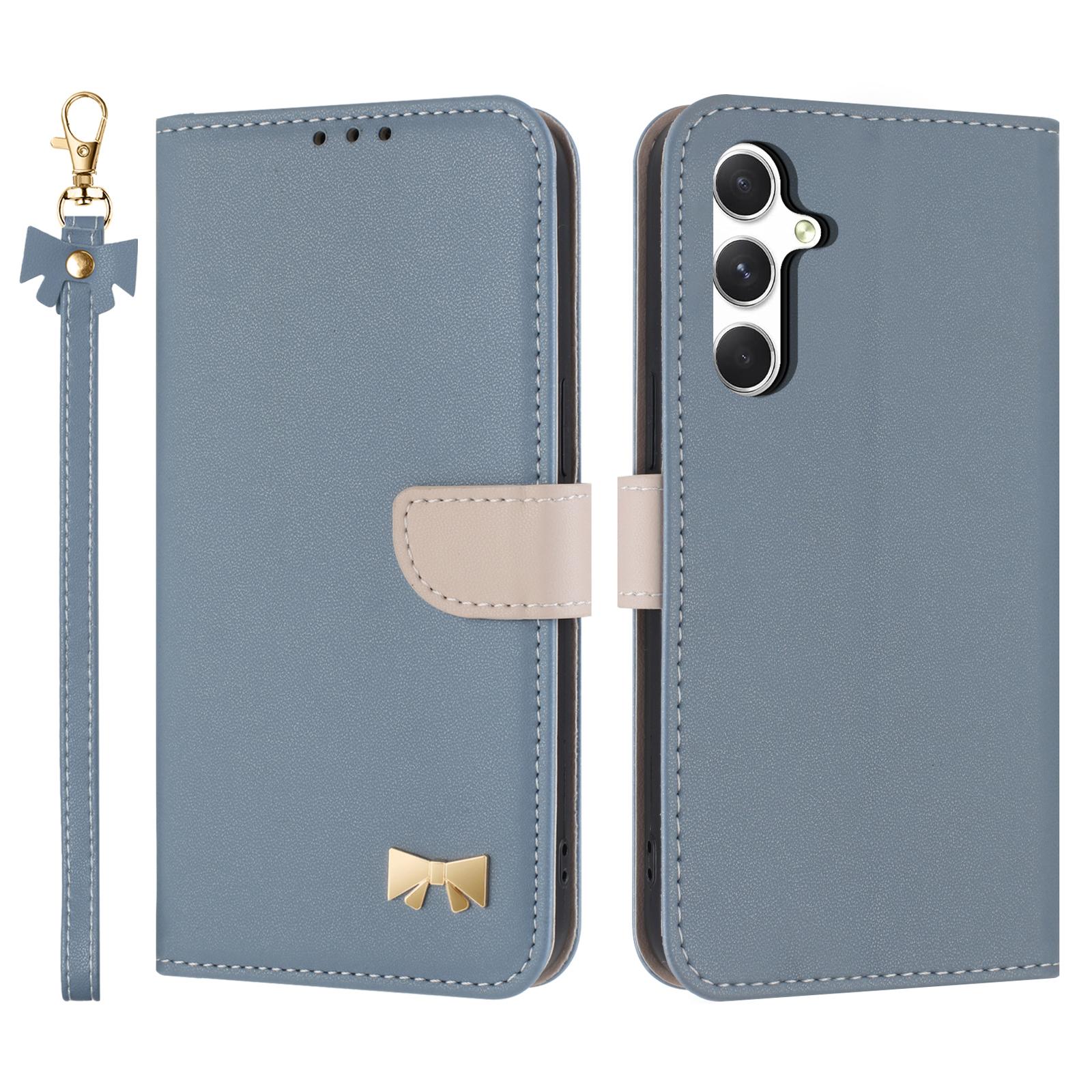 

For Samsung Galaxy A26 5G Case Bowknot Decor Wallet Leather Phone Cover with Wrist Strap Baby Blue