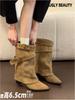 Cowhide Version~ Thick Heel Inner Height-increasing Short Boots for Women's New Pointed Two-wear Tube Pants Tube Boots Western Knight Boots
