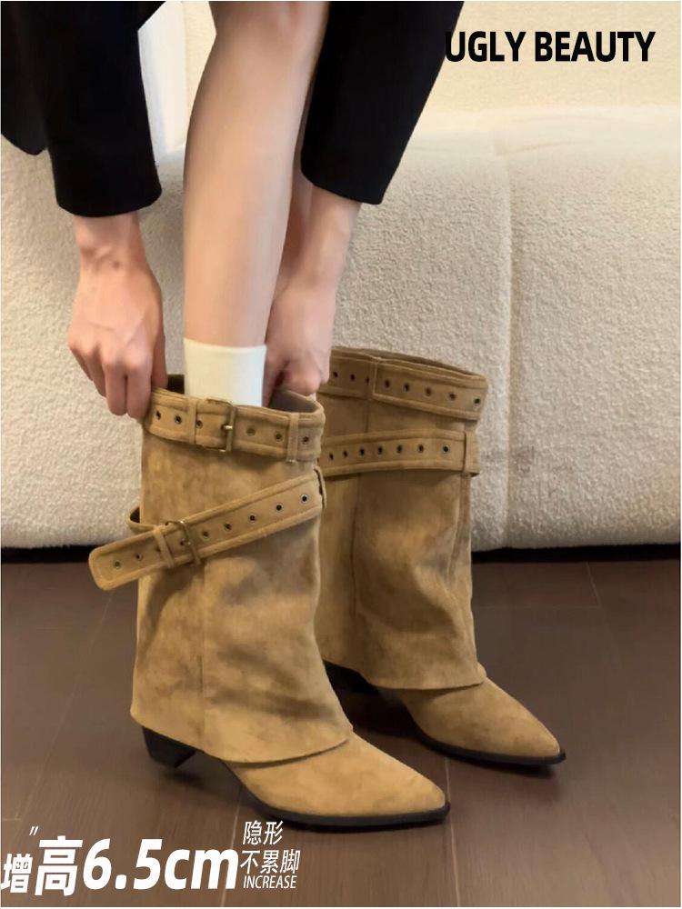 Cowhide Version~ Thick Heel Inner Height-increasing Short Boots for Women's New Pointed Two-wear Tube Pants Tube Boots Western Knight Boots
