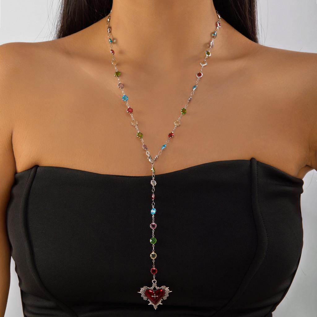Geometric Cross Necklace With Water Crystal Chain For Unisex Trendy Accessories Silver Heart