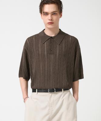 TRILLION Washable Resort Cable Collar Short Sleeve Knit_Brown