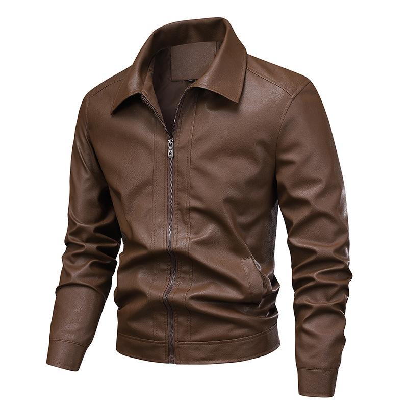 PU Leather Jacket Men's Jacket Trendy Spring and Autumn New Retro Solid Color Lapel Slim Leather Jacket Men
