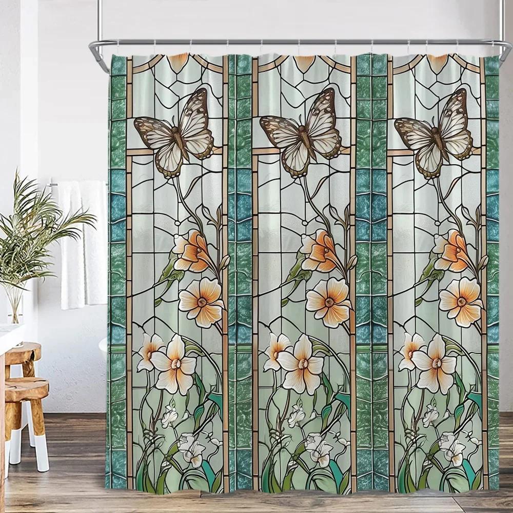 Stained Glass Garden Shower Curtain Butterfly Flower Church Stained Glass Pattern Art Shower Curtain 120X180Cm