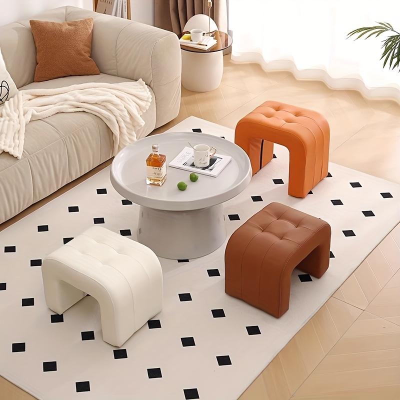 Solid Wood Upholstered Stool, Multifunctional Soft Faux Leather Low Stool for Living Room, Compact Shoe Changing Bench