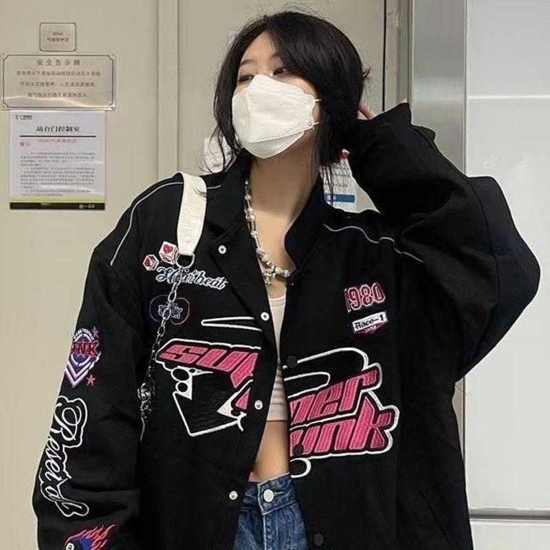 Giacca da baseball in stile Y2K Racing da donna, cappotto stampato, vintage, casual, a blocchi di colore, a maniche lunghe, abbigliamento universitario autunnale