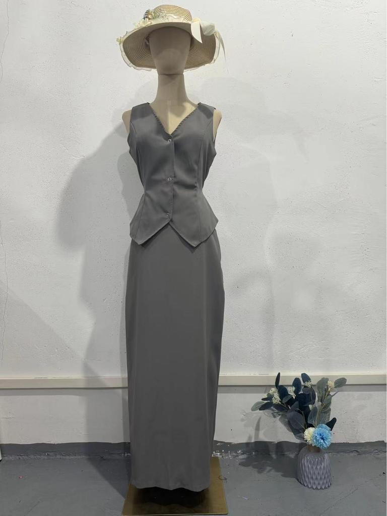 2024 Summer Two-Piece Outfit - Solid Color Lightweight Sleeveless Midi Dress Set