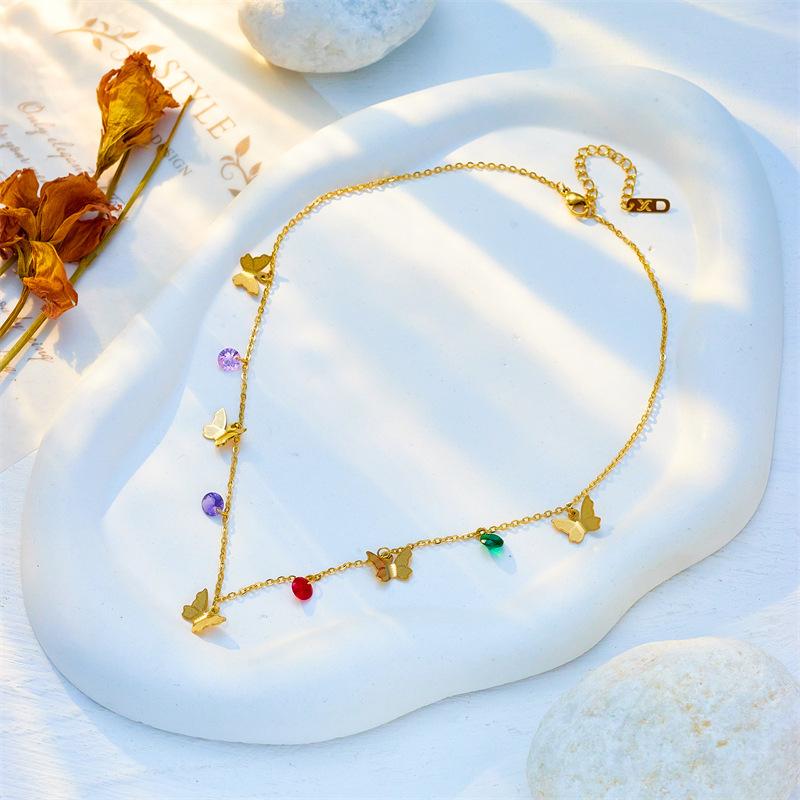 18K Gold Plated Layered Butterfly Colorful Zircon Necklace, Dainty Double Chain Y-Drop Lariat Choker for Women, Cute Jewelry