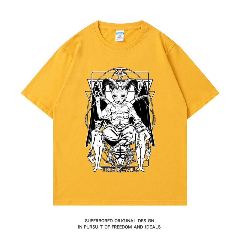 

220GSM Тяжелая футболка из 100% хлопка Футболка Дьявол с принтом карты Таро Мужская повседневная футболка с круглым вырезом Базовые мужские топы Футболка