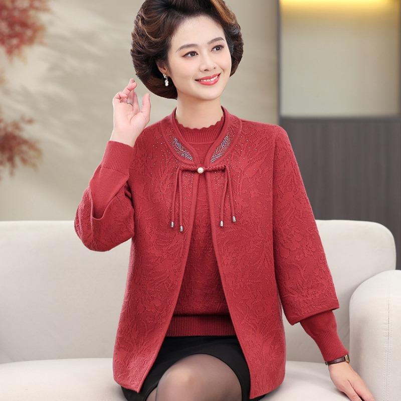 Middle-aged and Old Women's Knitted Cardigan, Mother-in-law Wedding Dress, Mother Autumn Sweater Two-piece Set