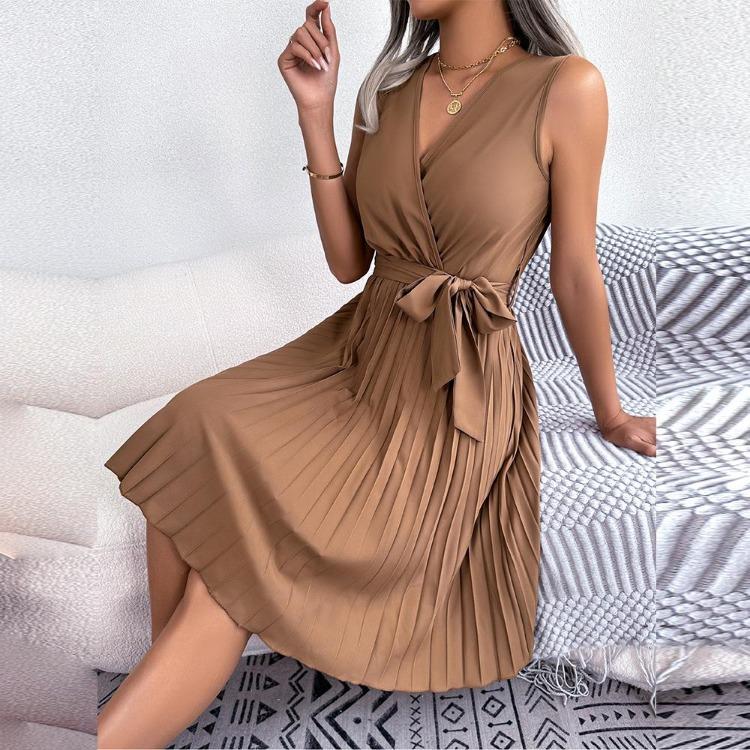 Chic Women's Summer Dress Cross V Neck Sleeveless High Waist Lace Up Solid Color Temperament Spring Fashion