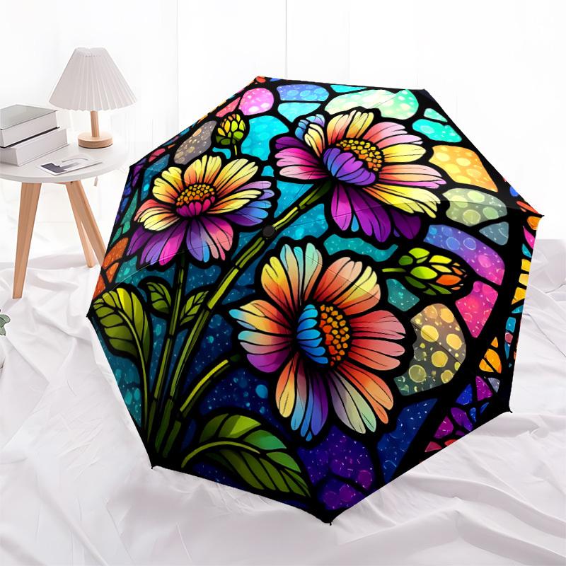 1pc Stained Glass Flowers Automatic Open/Close Umbrella Compact Folding Umbrella, All-Season Portable Umbrella for Women/Men F1124234