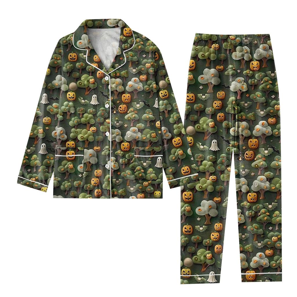 2-teiliger bedruckter Damen-Anzug, langärmelig, Oberteil mit Knopfleiste, weite Hosen, Anzug-Set, Schlafanzug, Home-Casual-Anzug