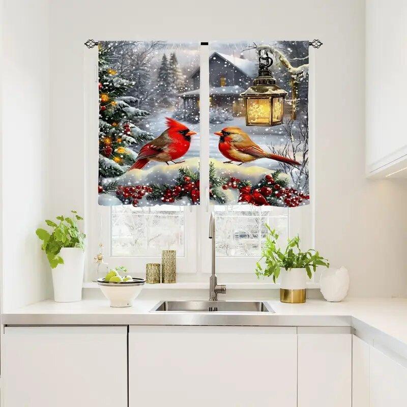 Set Of 2 Christmas Red Bird Printed Curtains Pole Bag Home Decoration Room Curtain Polyester